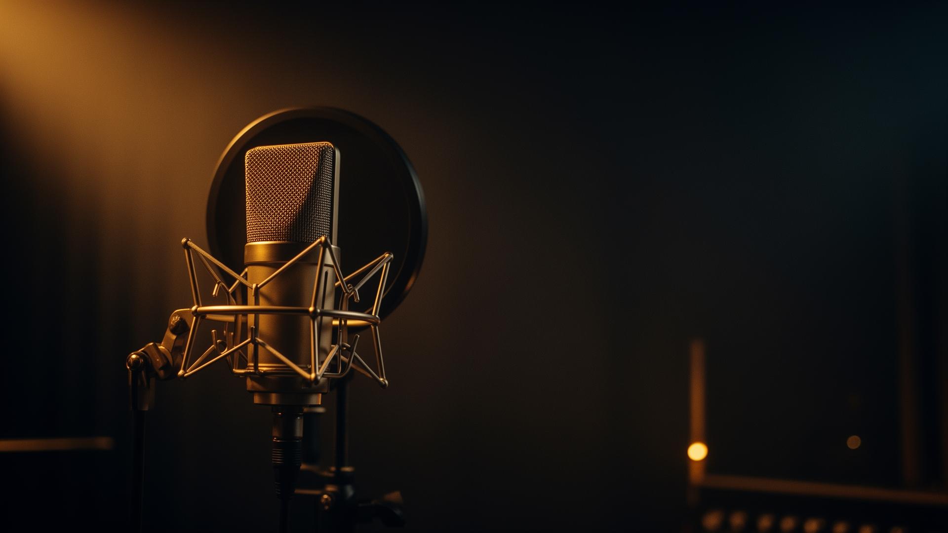 Podcast studio with microphones and warm lighting
